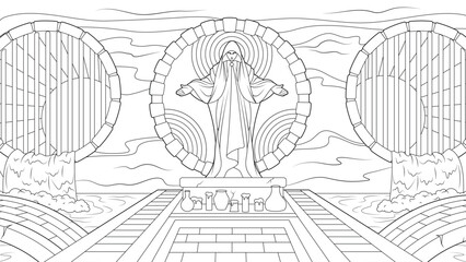 Vector illustration, statue altar for worship, water drains, coloring book.