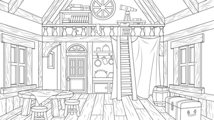 Vector illustration, interior of an old fantasy house, book coloring