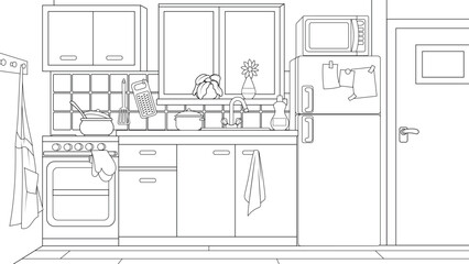 Vector illustration, cartoon kitchen interior, book coloring.