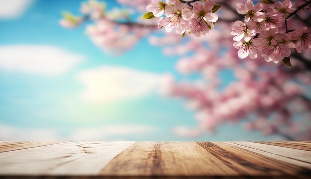 Empty wooden table over beautiful cherry blossom background. Spring and Easter mock up by ai generative