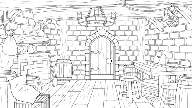 Vector illustration, interior of an old fantasy house, book coloring