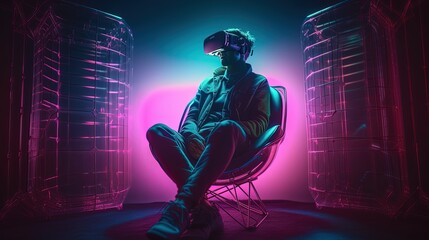 Fototapeta premium man sitting on armchair wearing virtual reality headset, digital art style, by ai generative