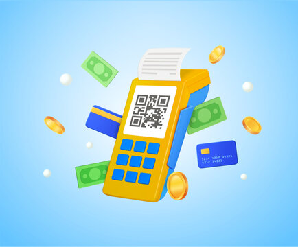 3d pos terminal device with QR code, banking credit cards, dollars, coins flying around, isolated on background. Design concept for online payment, shopping, transaction. 3d vector illustration