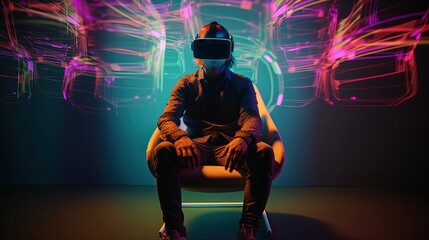 Fototapeta na wymiar man sitting on armchair wearing virtual reality headset, digital art style, by ai generative
