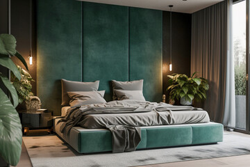 Modern minimalistic interior of the bedroom, green, white and golden colors. Super photo realistic background, generative ai illustration.