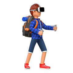 backpacker wearing virtual reality headset while playing 3d cartoon character illustration