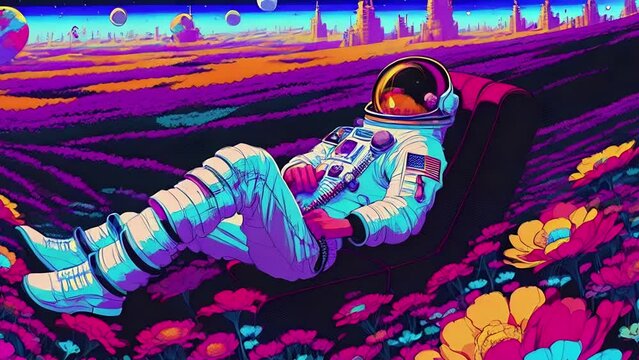 Astronaut in a spacesuit lies on a field of flowers, surrealistic animation. Dreamy cosmic animation, vivid colors illustrations, transformations and metamorphose. AI generated video Generative AI