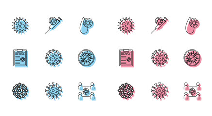 Set line Virus, spread, Stop virus, Clipboard with blood test results and Syringe and icon. Vector
