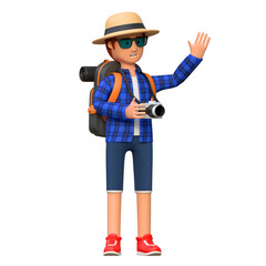 backpacker waving hand while holding travel bag in airport 3d cartoon character illustration