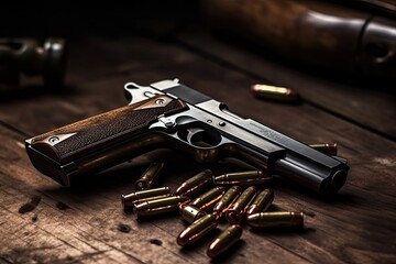 Gun and bullets strewn on the rustic oak table. Ai generative.