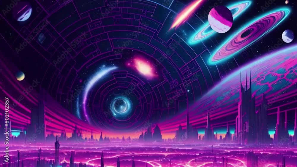 Wall mural futuristic cosmic animation with deep space, galaxy, and futuristic cityscape on planet. bright cosm