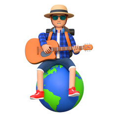 backpacker sitting in globe earth while playing guitar 3d cartoon character illustration