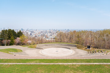 Panoramic view of Sapporo city and Asahiyama Memorial Park at spring in Sapporo, Hokkaido, Japan