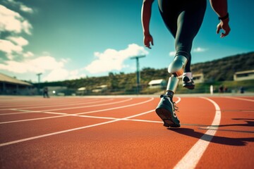 a disabled person with a prosthetic leg exercising on a sports track. Generative AI