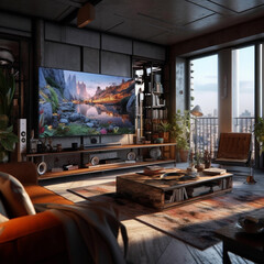 The living room is spacious and equipped with luxury furniture and there is a large screen TV on the wall. Has wide windows that allow natural sunlight to enter.