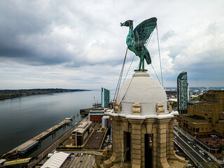 Aerial view of the liver bird on top of the Liver building in Liverpool, England