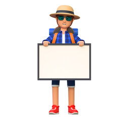 backpacker holding white blank board while standing 3d cartoon character illustration