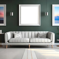 Modern bright interiors 3D rendering illustration with mockup poster frame on wall