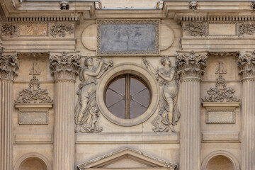 Paris, France. April 2023. French architecture at The Louvre and Tulleries Gardens. Classic french buildings. Parisian style architecture