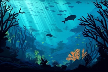 Illustration Silhouettes of coral reef and fishes underwater Generative AI
