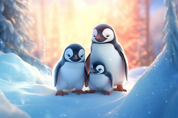 Family of penguin in the winter with sunlight Generative AI