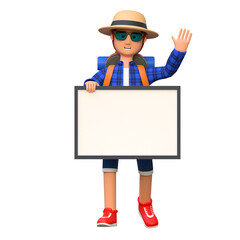 backpacker holding white blank board while standing 3d cartoon character illustration