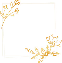 A simple frame with gold leaves and flowers in a white shape for wedding invitation, engagement, or greeting cards