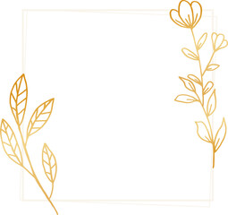 A simple frame with gold leaves and flowers in a white shape for wedding invitation, engagement, or greeting cards