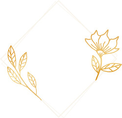 Obraz premium A simple frame with gold leaves and flowers in a white shape for wedding invitation, engagement, or greeting cards