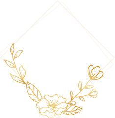 A simple frame with gold leaves and flowers in a white shape for wedding invitation, engagement, or greeting cards