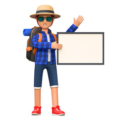 backpacker holding white blank board while standing 3d cartoon character illustration