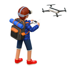 backpacker playing drone with virtual reality headset 3d cartoon character illustration
