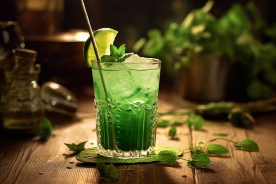 A creative shot of a green cocktail with a shamrock straw and traditional Irish elements on a rustic wooden table. Generative AI