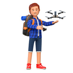 backpacker playing drone with virtual reality headset 3d cartoon character illustration