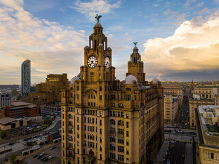 Fototapeta na wymiar Aerial view of the Royal Liver building, a Grade I listed building in Liverpool, England