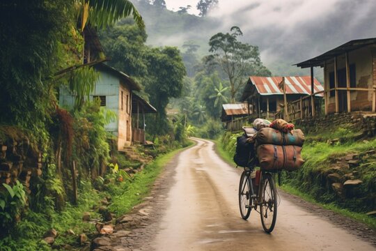Cycling in Colombia South America. Bicycle rider in Latin America. Palms, forest, nature and landscape of Ecuador. Generative Ai.