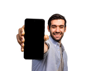 Guy holding big smartphone with  blank screen in hand. Business Man Handsome Smiling Millennial Guy Showing Mobile Space For Mobile App Advertisement on White Background. Mobile App Advertisement.