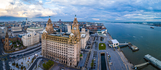Aerial view of Liverpool waterfront ready for Europvision song contest 2023, England
