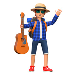 backpacker playing guitar 3d cartoon character illustration