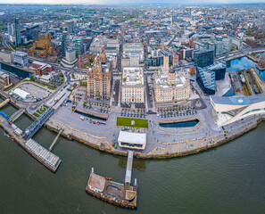 Fototapeta na wymiar Aerial view of Liverpool waterfront ready for Europvision song contest 2023, England