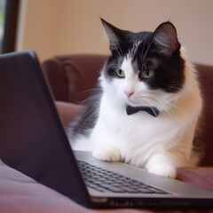 Portrait of adorable pet cat. Concept of hardworking pet. AI generated image.