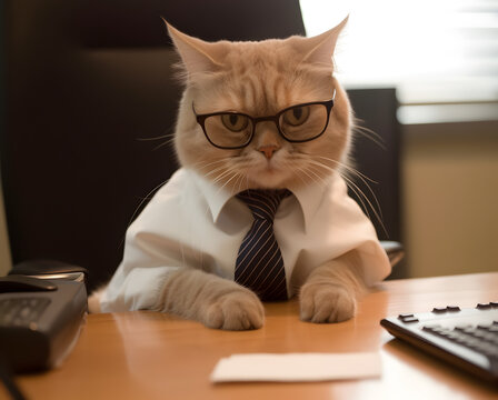Pet cat working in office. Concept of officer, chairman, chief or boss. AI generated image