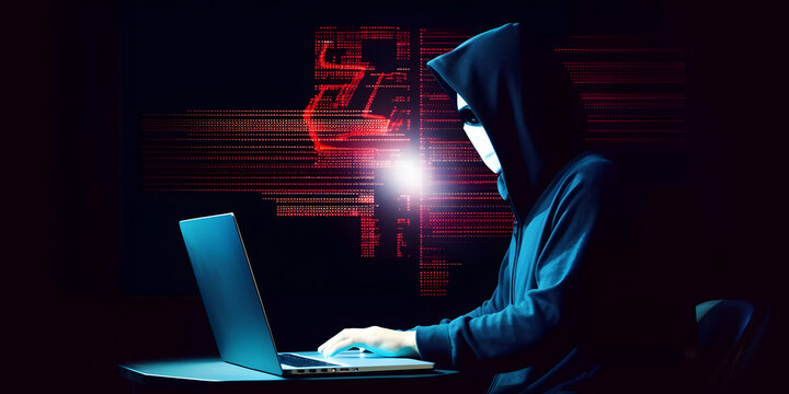 Hacker with hoodie. Concept of dark web, cybercrime, cyberattack. AI generated image