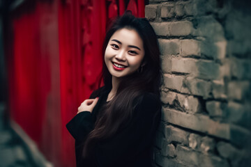 Obraz premium The young Asian lady stands confidently next to a vintage old town wall, with a charming smile on her face. generative AI.
