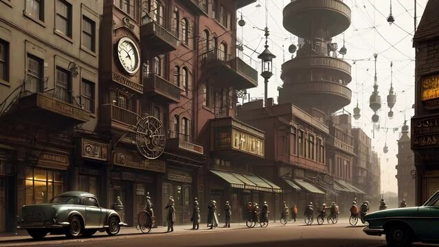 Steampunk cityscape. Cyberpunk city scene with futuristic technologies, cars, gears, pipes, machines, engines and peoples. Retrofuturistic animation with transformations. AI generated Generative AI