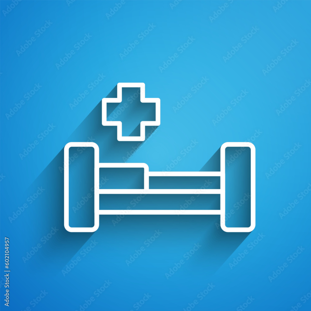 Wall mural white line hospital bed icon isolated on blue background. long shadow. vector