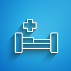 White line Hospital bed icon isolated on blue background. Long shadow. Vector