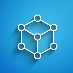 White line Molecule icon isolated on blue background. Structure of molecules in chemistry, science teachers innovative educational poster. Long shadow. Vector