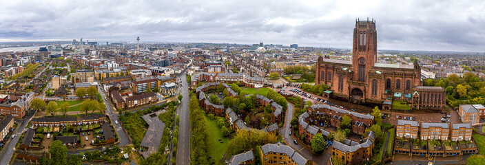 Aerial view of the Liverpool Cathedral, the seat of the Bishop of Liverpool and the biggest cathedral in Britain