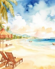 A stunning watercolor painting of a panoramic beach with chairs, umbrella, and white sand is a perfect travel tourism concept. (Generative AI)